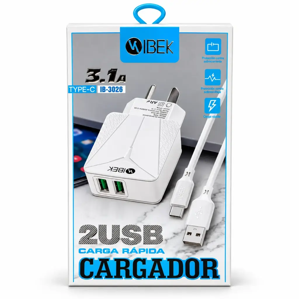 Cargador IBEK 3.1A USB x 2 + Cable Tipo C 