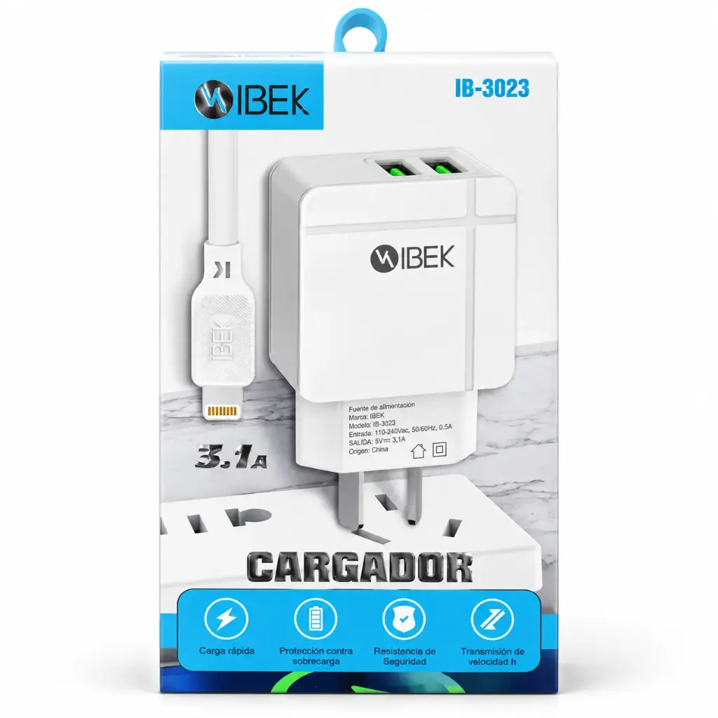 Cargador IBEK 3.1A USB x 2 + Cable Iphone Lightning