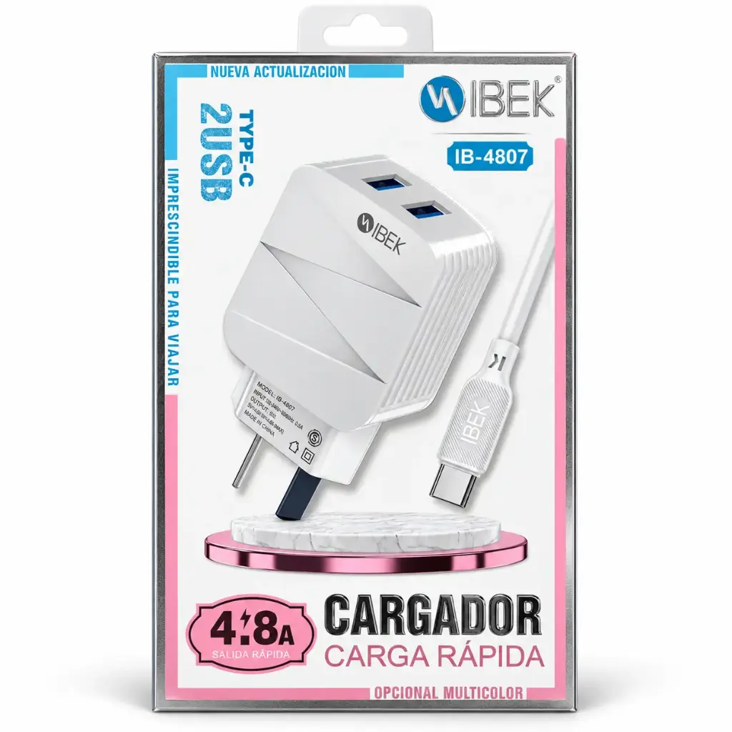 Cargador IBEK 4.8A USB x 2 + Cable Tipo C