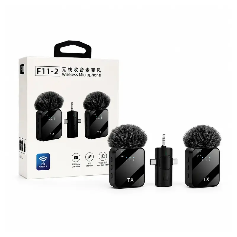 Microfono Corbatero Inalambrico F11-2 USB C + Iphone x 2 Unidades