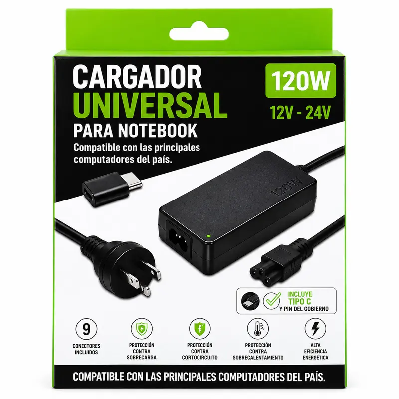 Cargador De Notebook Universal 120W (Incluye Tipo C)