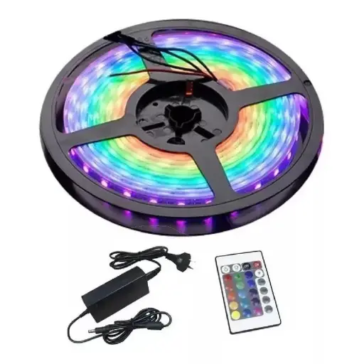 [140] Tira Led Multicolor RGB 5 Metros con Fuente y Control 5050 Interior/Exterior